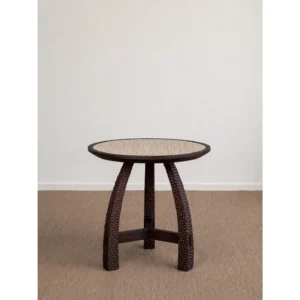Imprint Hand-Carved Solid Wood Side Table with Woven Top in clay — front view