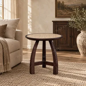 Imprint Hand-Carved Solid Wood Side Table with Woven Top in clay — in a room setting