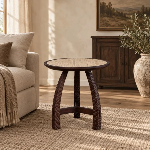 Imprint Hand-Carved Solid Wood Side Table with Woven Top in clay — in a room setting