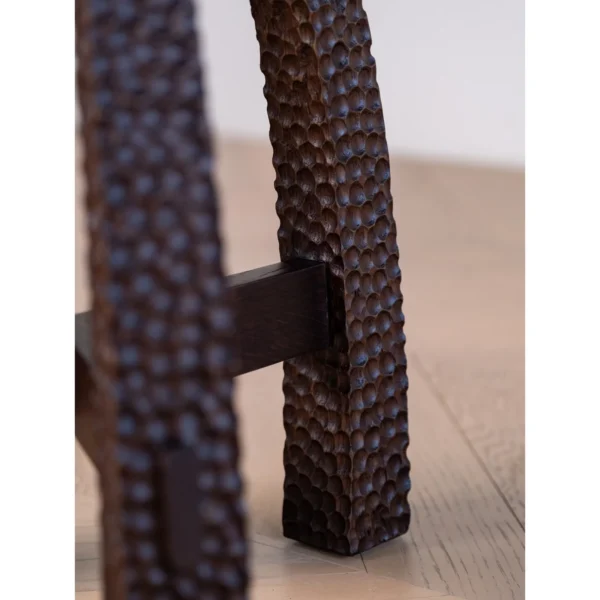 Imprint Hand-Carved Solid Wood Side Table with Woven Top in clay — in a room setting