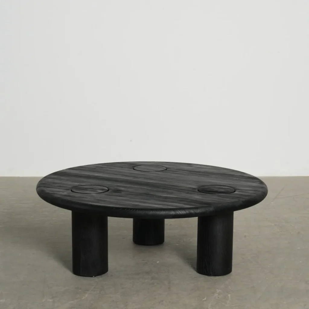 Ink Black Ash Round Coffee Table with Inset Discs, 100 cm in black — front view
