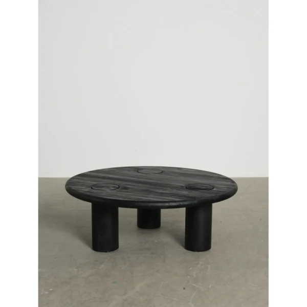 Ink Black Ash Round Coffee Table with Inset Discs, 100 cm in black — in a room setting