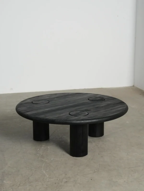Ink Black Ash Round Coffee Table with Inset Discs, 100 cm in black — in a room setting