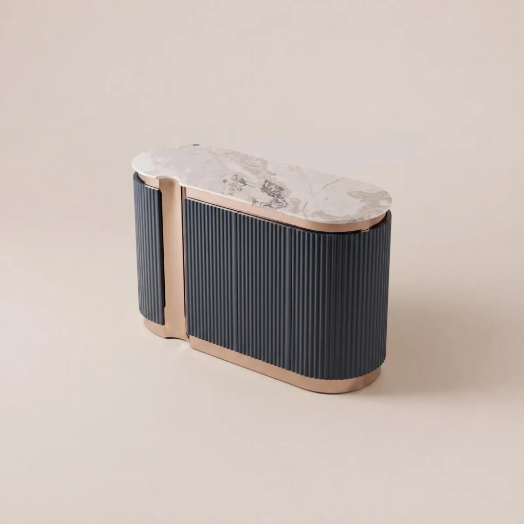 Ink-Blue Ribbed Lacquer Sideboard in Rose Gold Frame — front view
