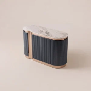 Ink Blue Vertical Lacquer Sideboard Rose Gold in natural stone — front view