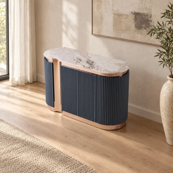 Ink-Blue Ribbed Lacquer Sideboard in Rose Gold Frame — in a room setting
