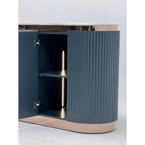 Ink-Blue Ribbed Lacquer Sideboard in Rose Gold Frame — in a room setting