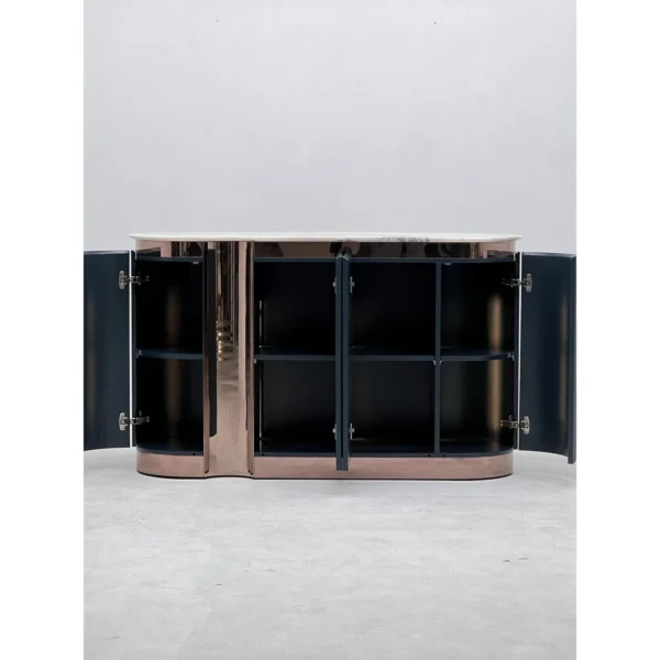 Ink-Blue Ribbed Lacquer Sideboard in Rose Gold Frame — in a room setting