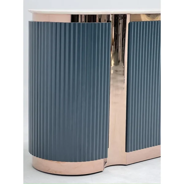 Ink-Blue Ribbed Lacquer Sideboard in Rose Gold Frame — in a room setting