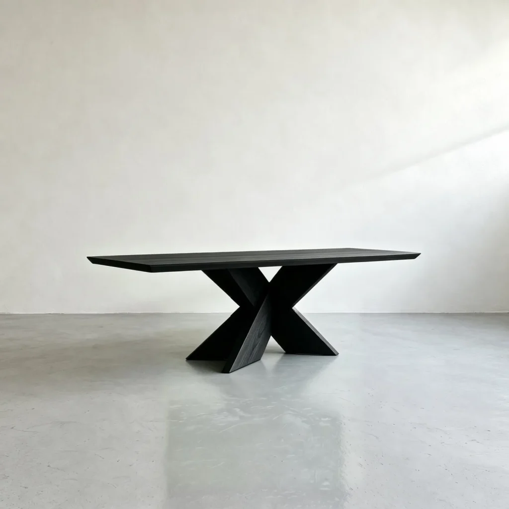 Ink-Dyed Carbonised Ash Dining Table with X Base in black — front view