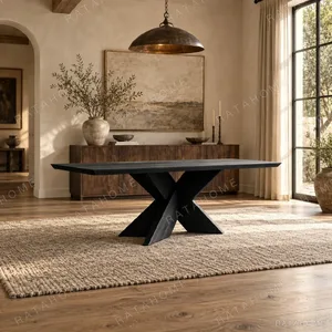 Ink-Dyed Carbonised Ash Dining Table with X Base in black — in a room setting