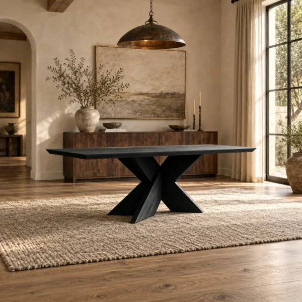 Ink-Dyed Carbonised Ash Dining Table with X Base in black — in a room setting