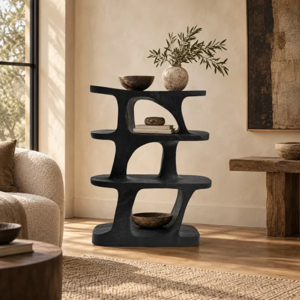 Ink Rock Sculptural Bookcase in Matte Black — in a room setting