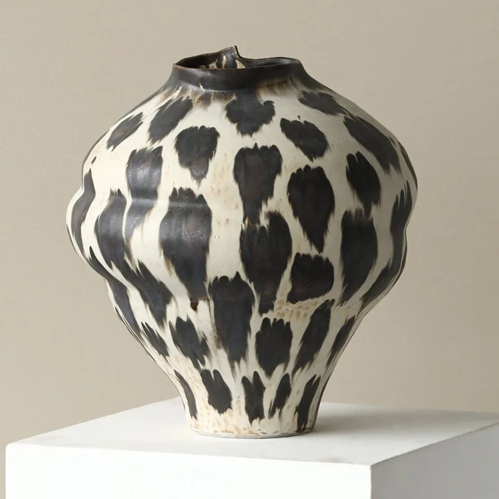 Ink Spot Hand-Painted Ceramic Jar Vase in oatmeal — front view