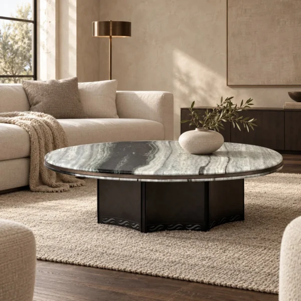Round Panda White Marble Coffee Table in ivory — in a room setting