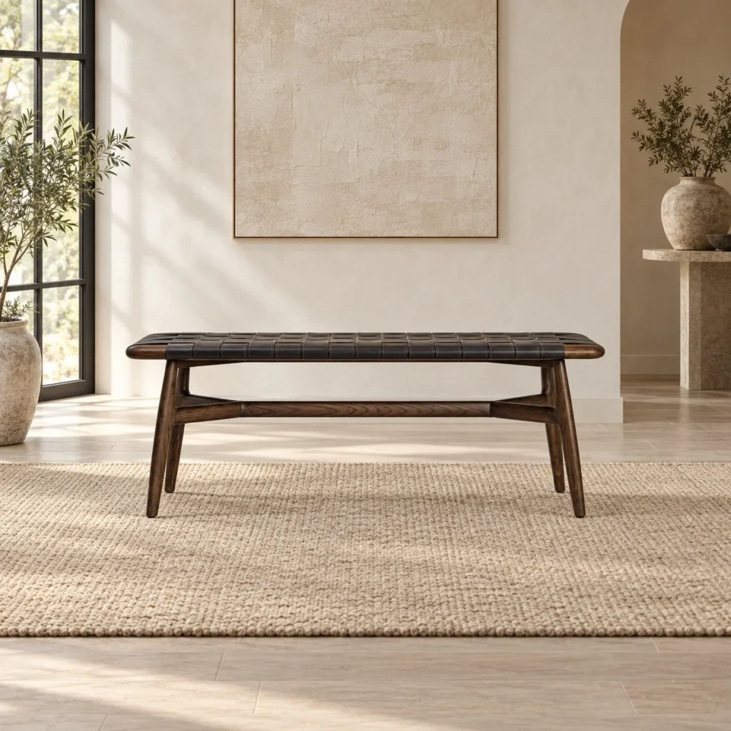 Inka Woven Black Leather Bench on Dark Solid Wood Frame in black — front view