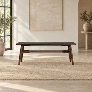 Inka Woven Black Leather Bench on Dark Solid Wood Frame in black — front view