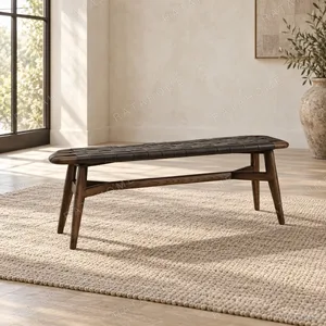 Inka Woven Black Leather Bench on Dark Solid Wood Frame in black — in a room setting