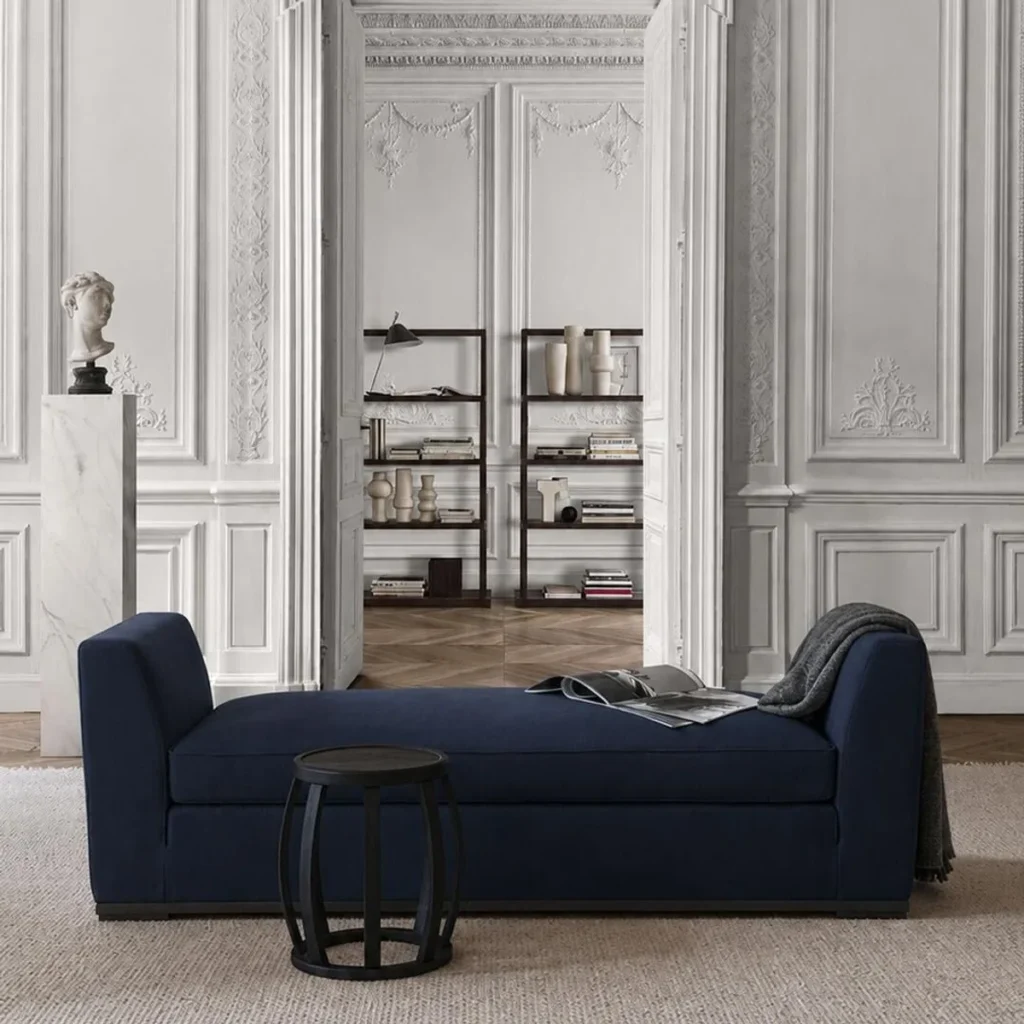 Quiet Luxury Daybed in Navy Fabric with Dark Wood Base — front view