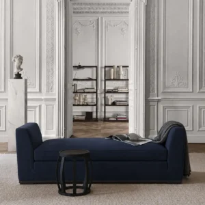 Quiet Luxury Daybed in Navy Fabric with Dark Wood Base — front view