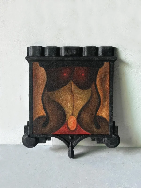 Irregular Shield Frame Wall Art in Dark Wood — in a room setting