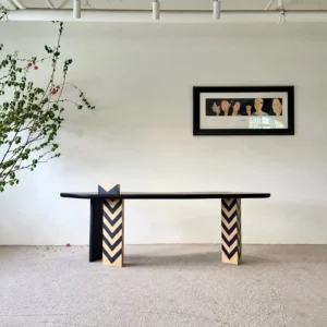 Curved Black Art Desk with Chevron Marquetry Legs in black — front view