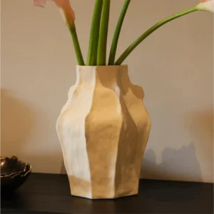 Designer Faceted Sand-Texture Ceramic Vase in mustard — front view