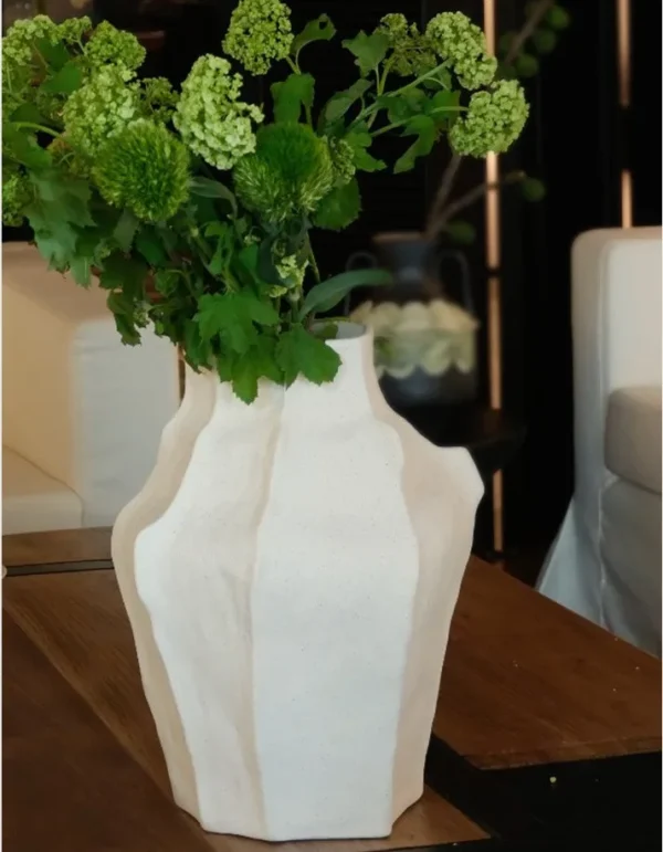Designer Faceted Sand-Texture Ceramic Vase in mustard — in a room setting