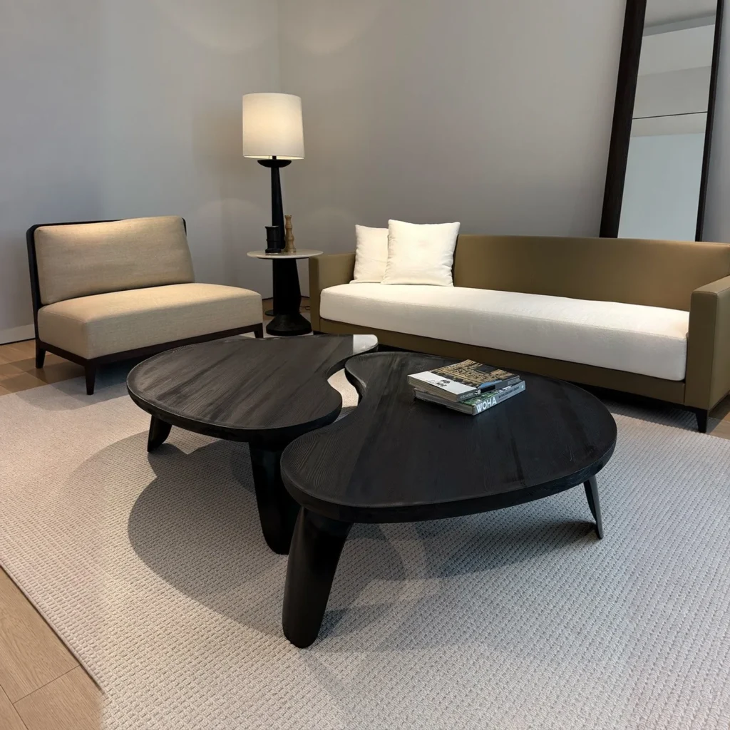 Irregular Charred Wood Coffee Table Set of 2 in black — front view