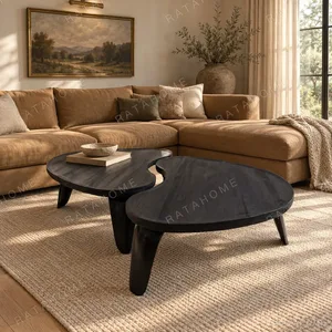 Irregular Charred Wood Coffee Table Set of 2 in black — in a room setting