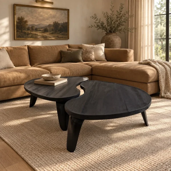 Irregular Charred Wood Coffee Table Set of 2 in black — in a room setting