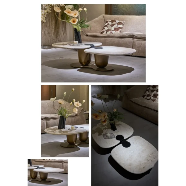 Symbiotic Two-Lobe Travertine Coffee Table, 142 cm in oatmeal — in a room setting