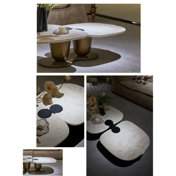 Symbiotic Two-Lobe Travertine Coffee Table, 142 cm in oatmeal — in a room setting