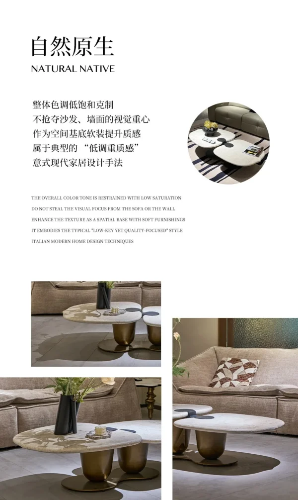 Symbiotic Two-Lobe Travertine Coffee Table, 142 cm in oatmeal — in a room setting