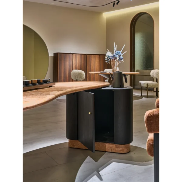 Orange Ice Jade Cloud Tea Table with Hidden Water Cabinet in rust — in a room setting