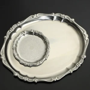 Italian Baroque Stainless Steel Trays, Oval, Twin-Handle or in silver — front view