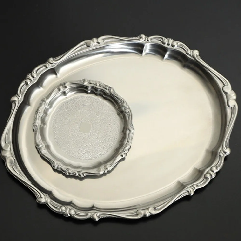 Italian Baroque Stainless Steel Trays, Oval, Twin-Handle or in silver — front view