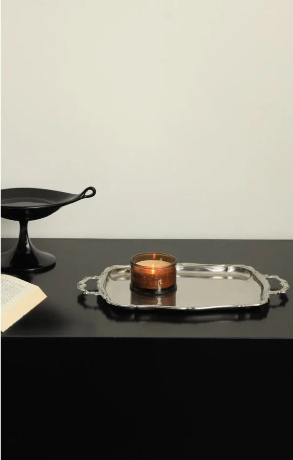 Italian Baroque Stainless Steel Trays, Oval, Twin-Handle or in silver — in a room setting