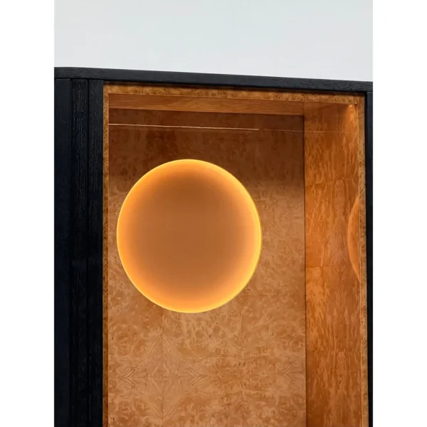 Burl Veneer Tall Display Cabinet with Halo Light in rust — in a room setting