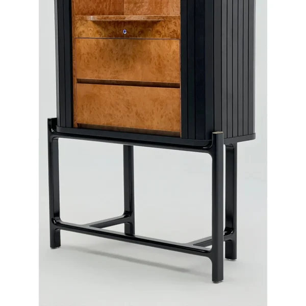 Burl Veneer Tall Display Cabinet with Halo Light in rust — in a room setting
