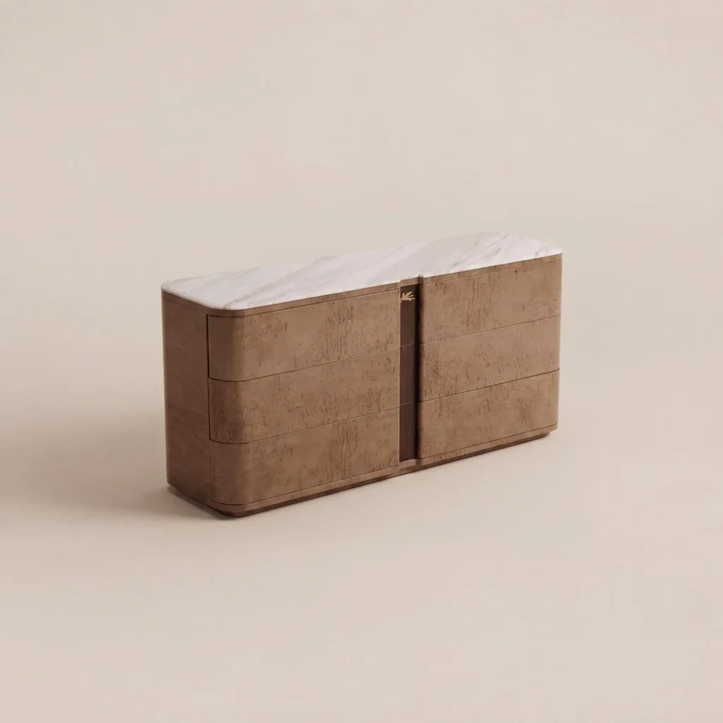 Burl Veneer Six-Drawer Chest with Stone Top in clay — front view
