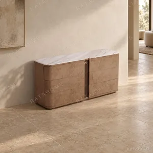 Burl Veneer Six-Drawer Chest with Stone Top in clay — in a room setting