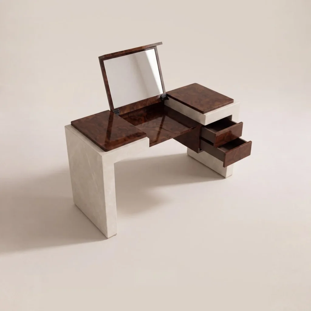 Burl Veneer Flip-Top Vanity on Marble Base in clay — front view