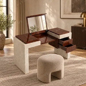 Burl Veneer Flip-Top Vanity on Marble Base in clay — in a room setting