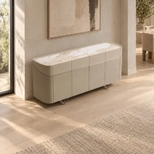 Curved Beige Sideboard with Stone Top on Slim Metal Legs in sand — in a room setting