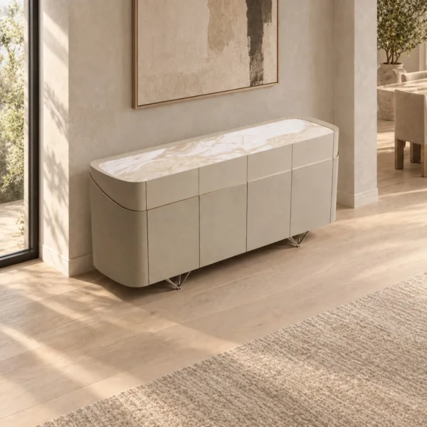 Curved Beige Sideboard with Stone Top on Slim Metal Legs in sand — in a room setting