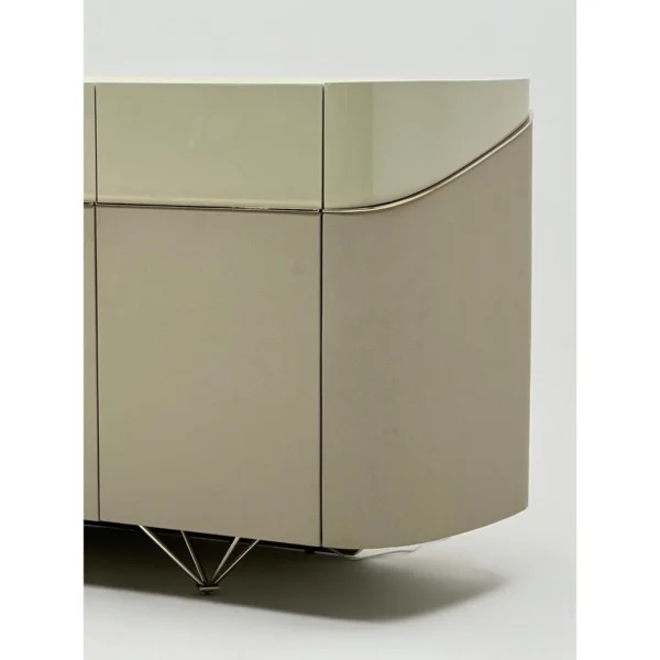 Curved Beige Sideboard with Stone Top on Slim Metal Legs in sand — in a room setting