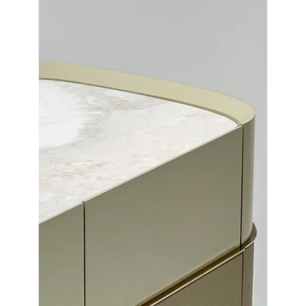 Curved Beige Sideboard with Stone Top on Slim Metal Legs in sand — in a room setting