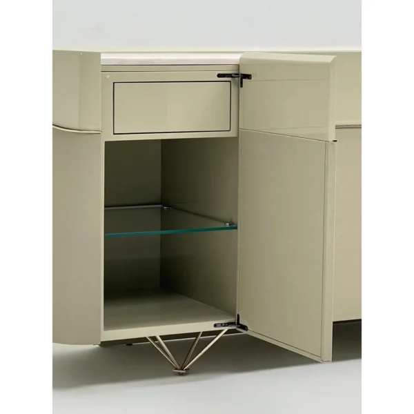 Curved Beige Sideboard with Stone Top on Slim Metal Legs in sand — in a room setting