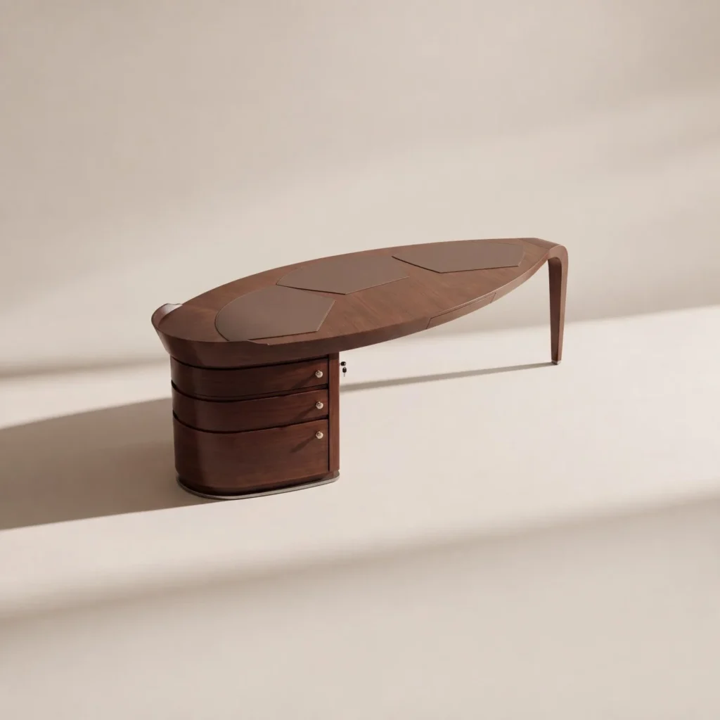 Curved Boat-Shaped Solid Wood Executive Desk in walnut — front view